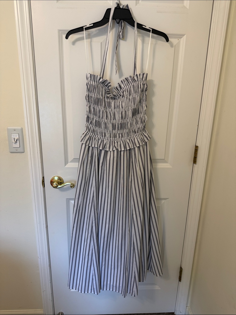 Sugarlips White & Charcoal Gray Striped Smocked Halter Dress XS